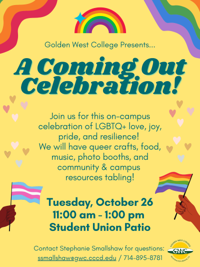 Poster for Coming Out Day, contact 714-895-87-81 for details